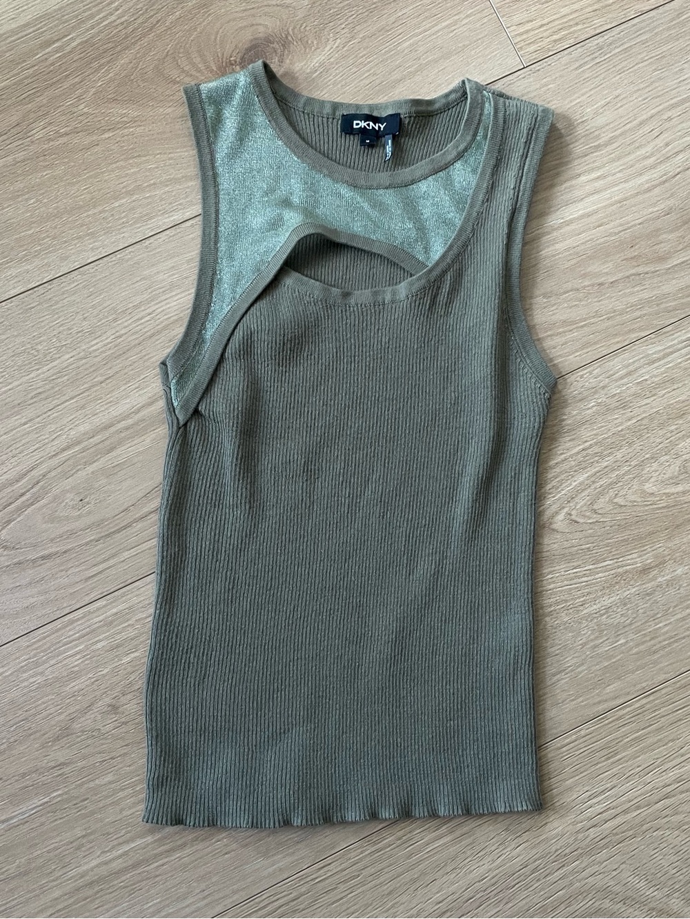 DKNY Olive Green Ribbed Tank with Asymmetric Mesh Cutout - size M